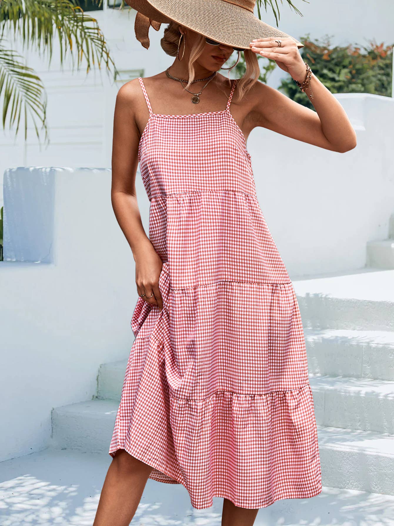 Classic checkered printed loose halter dress