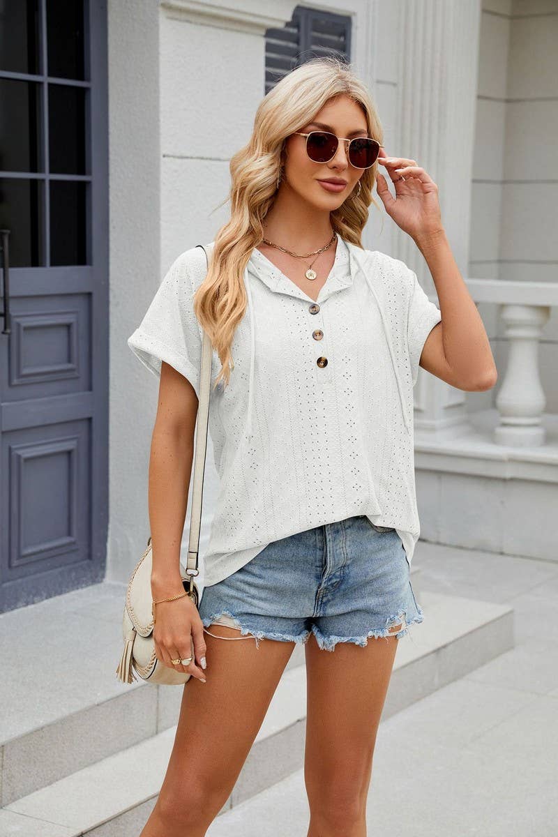 CWOHOS0015_Button Neck Short Sleeve Hoodi Knit Top