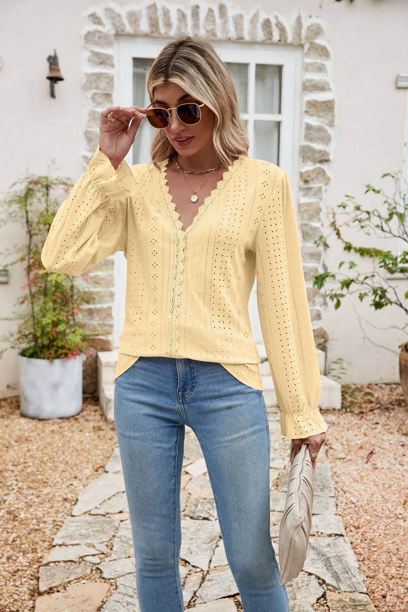 CWTBLL1045_SOLID COLOR V-NECK EYELET LOOSE TOP