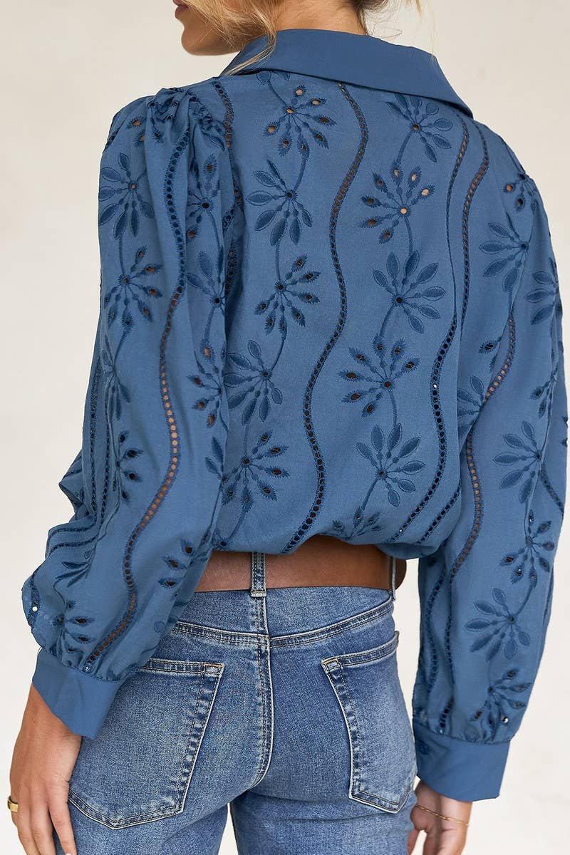 CWTSTL01000_CASUAL LOOSE HOLLOW OUT PUFF SLEEVE  TOP