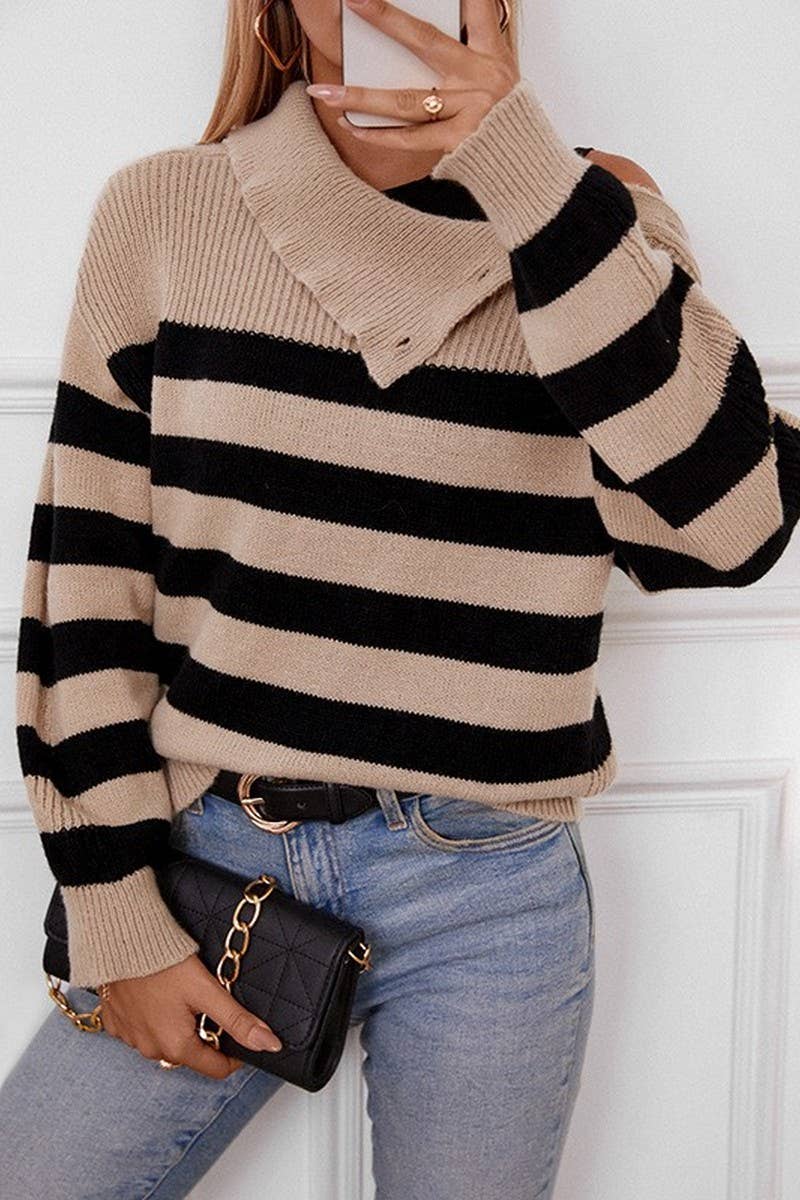 CWOSWL6940_LAPEL BUTTON-DOWN STRIPED KNITTED SWEATER