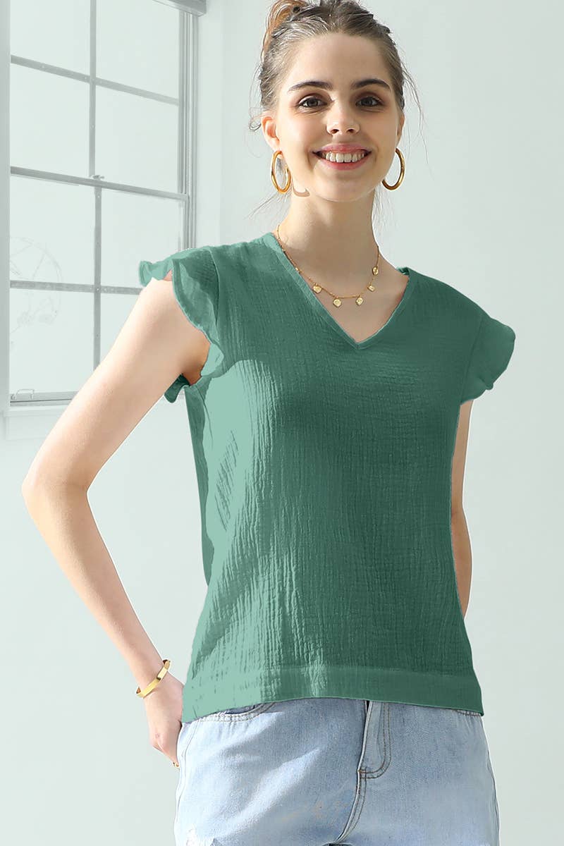 CWTTS688_V NECK BUTTERFLY RUFFLE TUNIC TOP