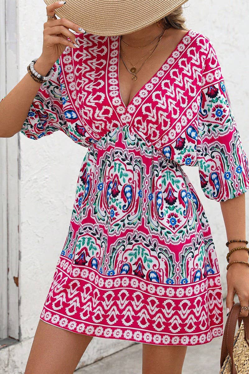 CWDSD7863_BOHEMIAN V-NECK PRINTED SHORT SLEEVE DRESS