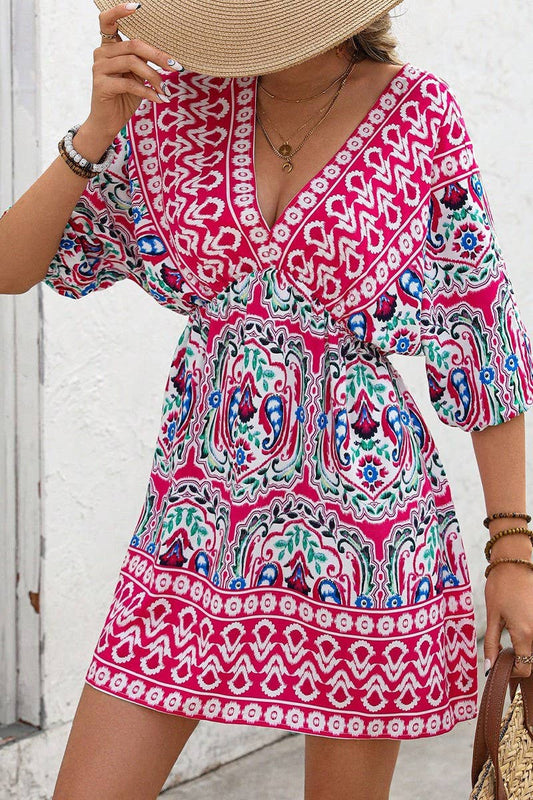 CWDSD7863_BOHEMIAN V-NECK PRINTED SHORT SLEEVE DRESS