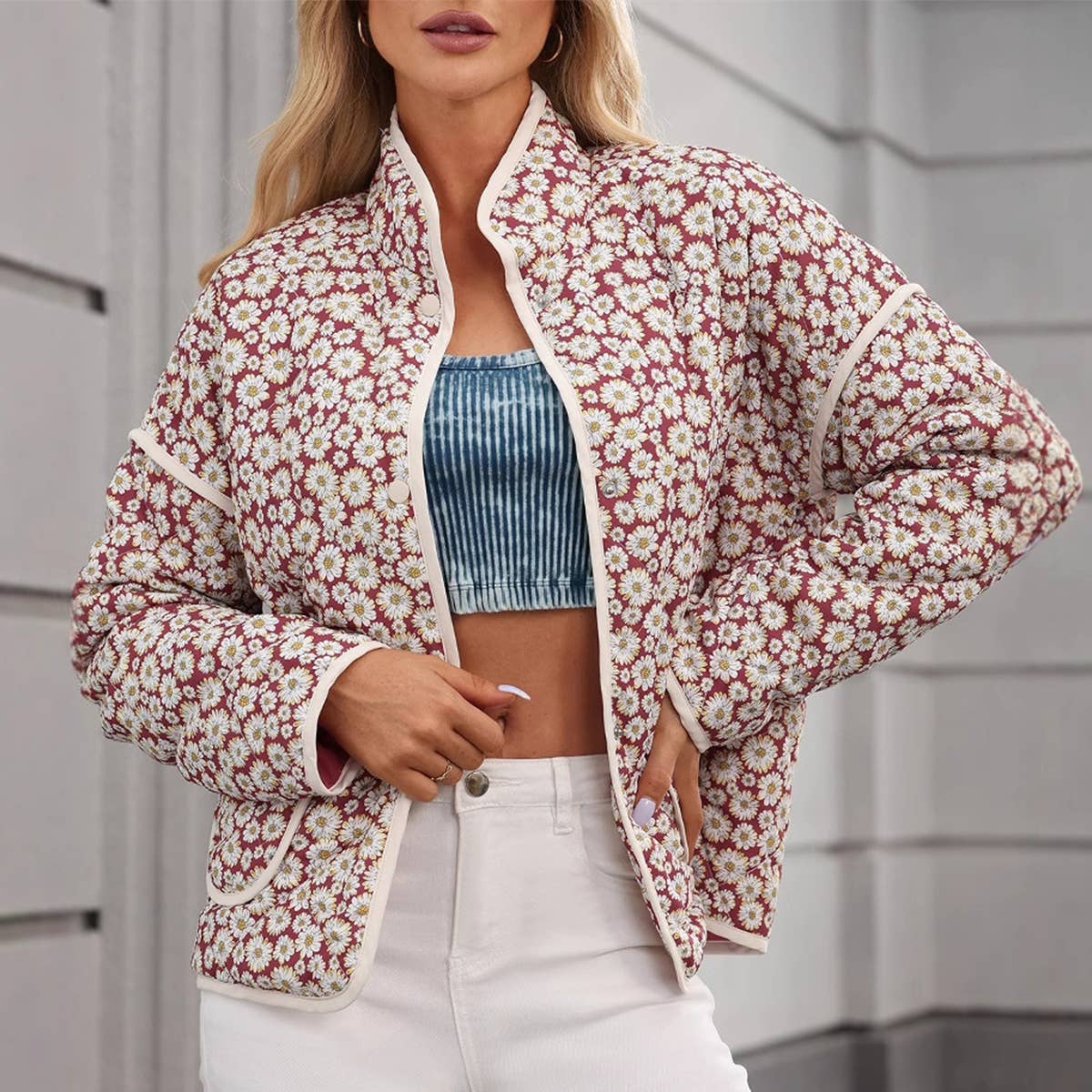 COLOR CONTRAST COLLAR DOUBLE POCKET CASUAL JACKET