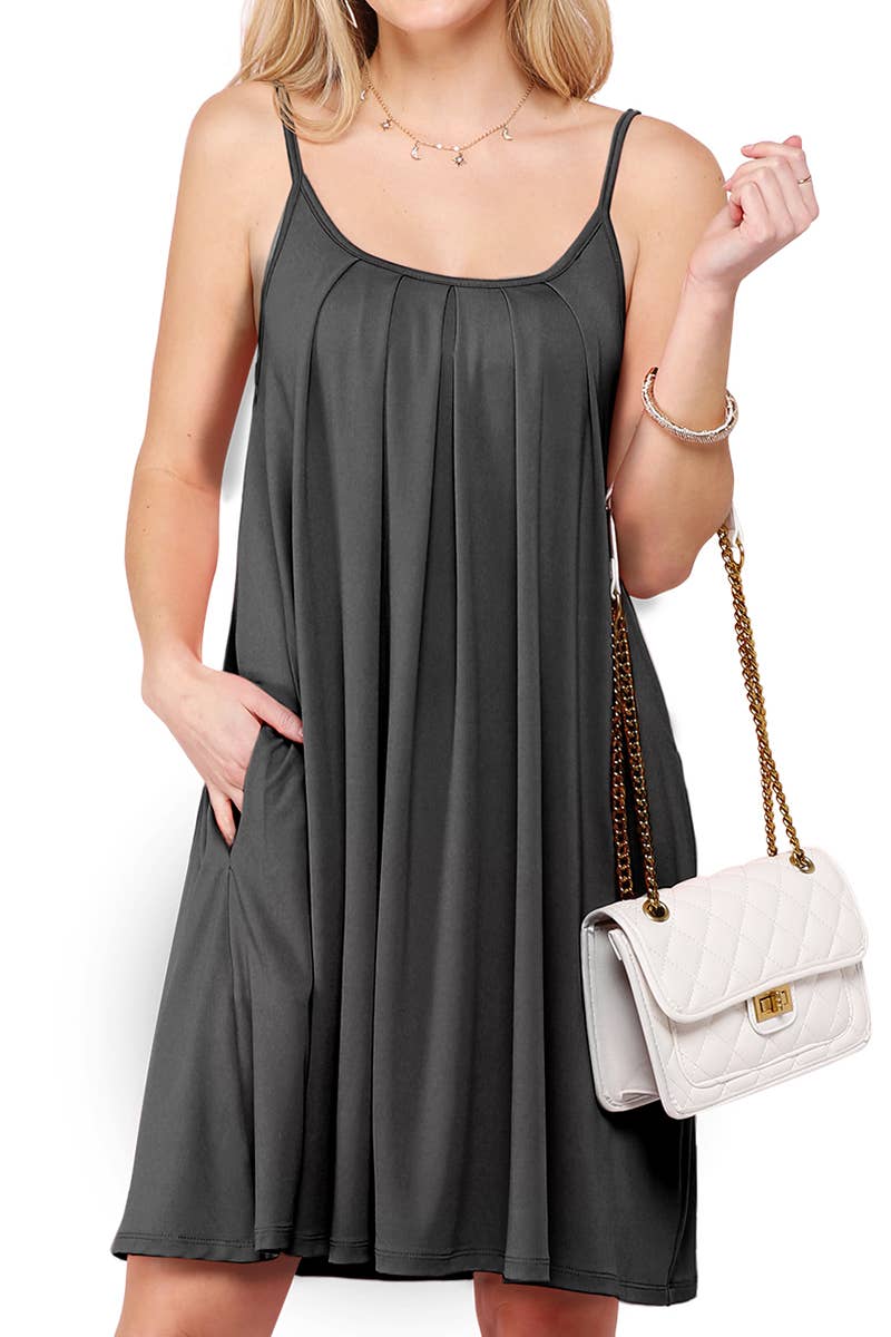 CWDSD10371_PLEATS DETAILED DRESS WITH POCKET AND STRAP