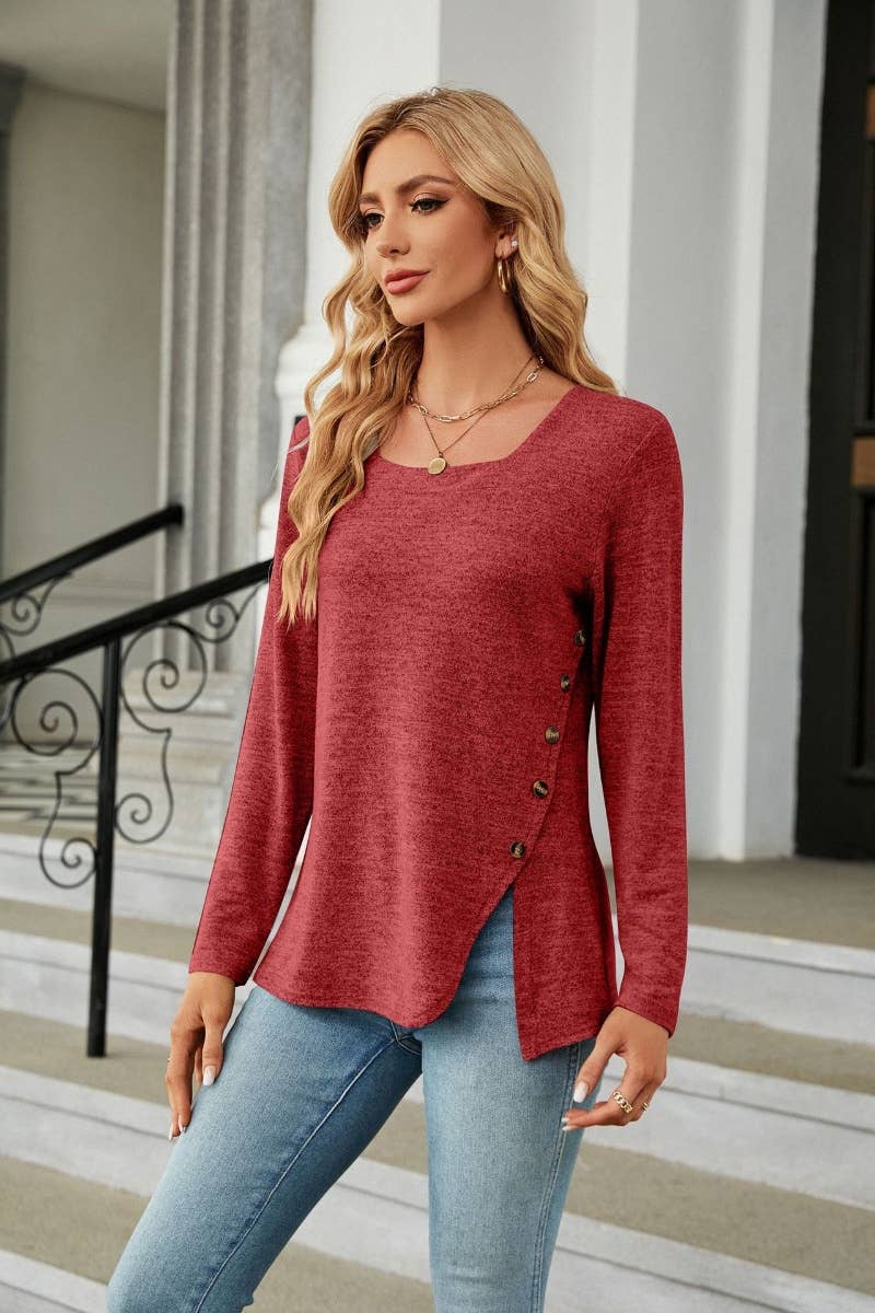 CWOSWL6536_WINTER SQUARE NECK LONG SLEEVE SPLIT TOP