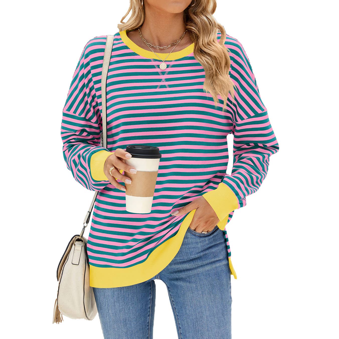 CWTBLL1198_CONTRAST COLOR ROUND NECK STRIPED SWEATSHIRT