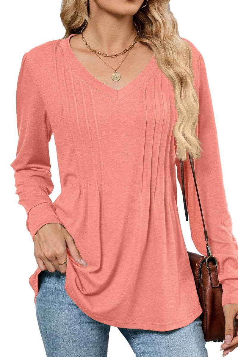 CWTTL00999_SOLID COLOR V-NECK STRIPED LOOSE T-SHIRT