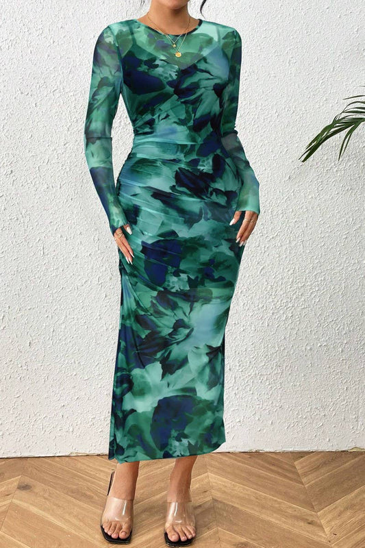 CWDMD4881_TIE-DYE PLEATED ROUND NECK LONG SLEEVE DRESS