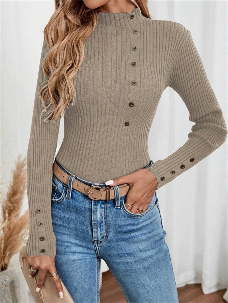 Button long-sleeved knitted base layer top