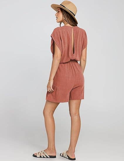 COTTON LINEN CASUAL BELTED SHORT SLEEVE ROMPER