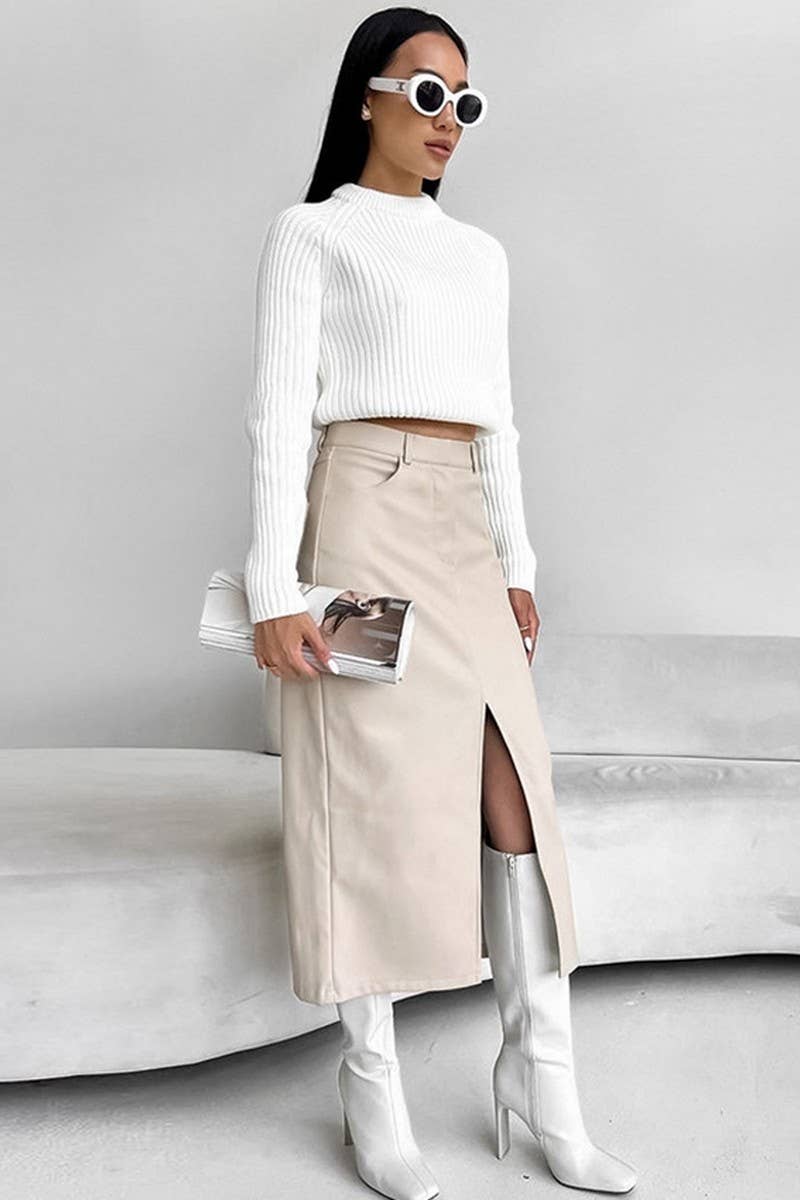 CWBMS0250_VINTAGE PLUS VELVET PU LEATHER SLIT SKIRT