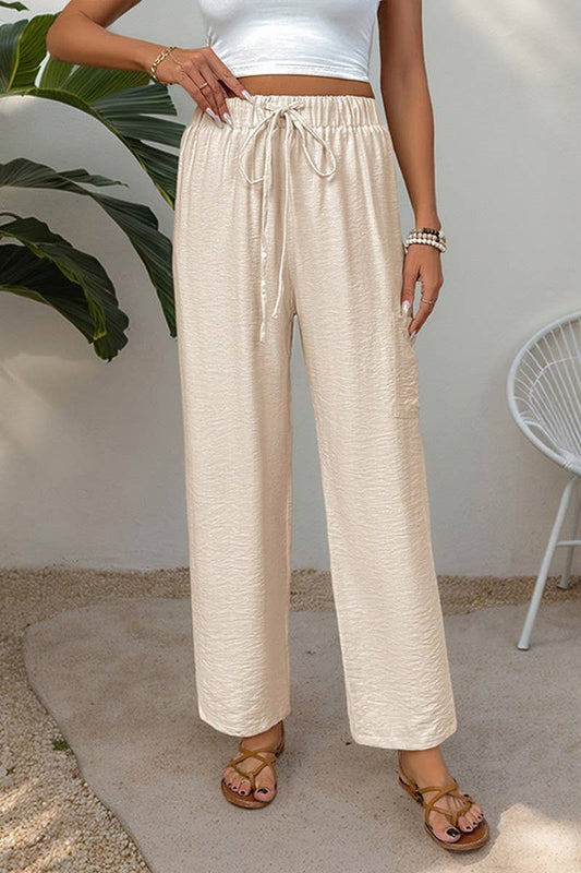 CWBLP1940_SUMMER TEXTURED HIGH-WAIST POCKET ELASTIC PANTS