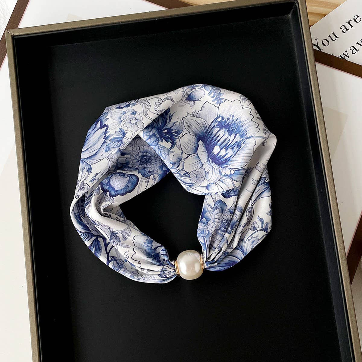 Silky Print Scarf Necklace ? Pearl Magnetic Clasp
