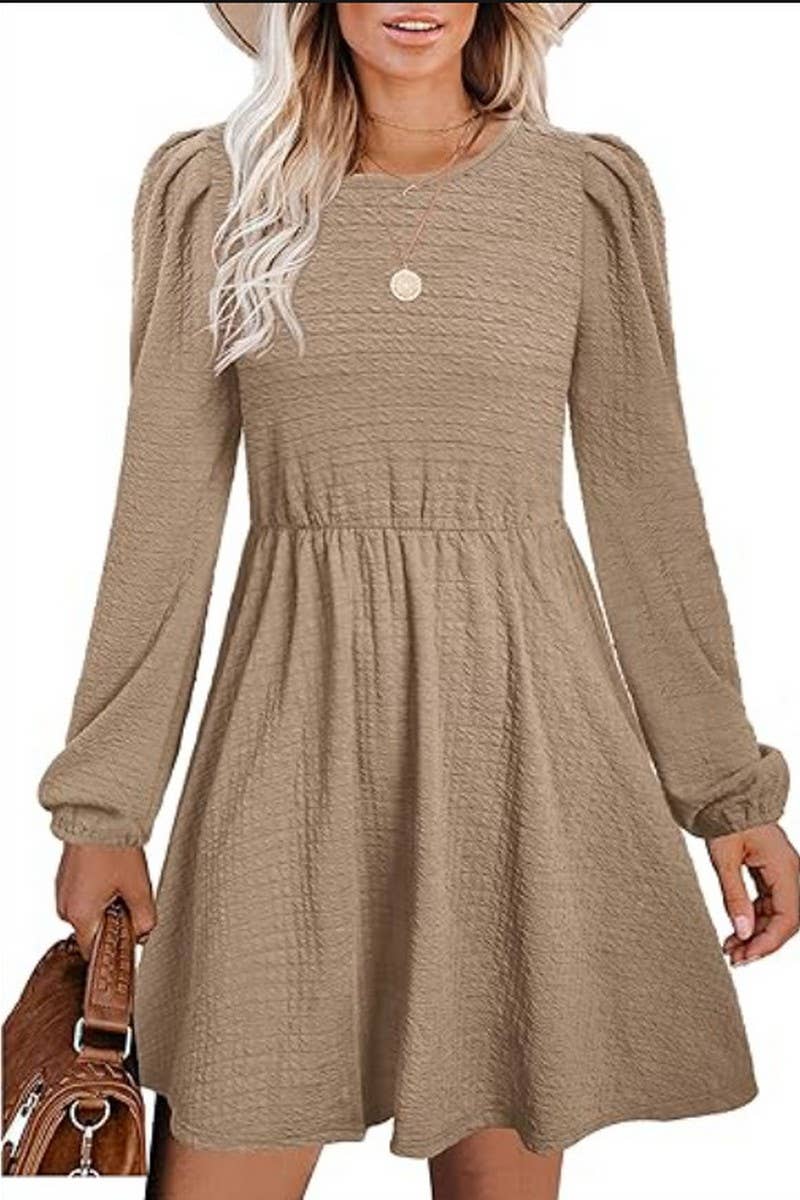 CWDSD10646_PUFF SLEEVE ROUND NECK HIGH WAIST DRESS