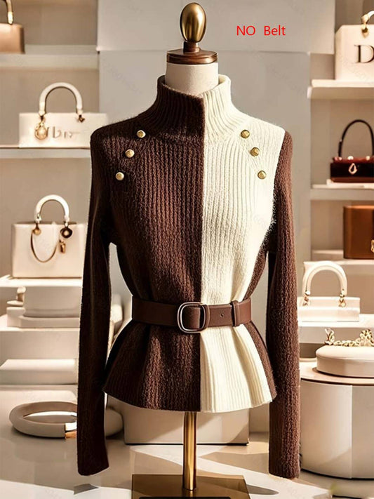 Design-sense color-blocked button knit sweater