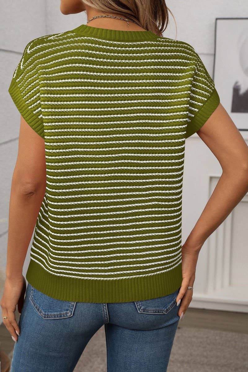 CWOSWS0130_ROUND NECK SHORT SLEEVE STRIPED CONTRAST KNIT TOP