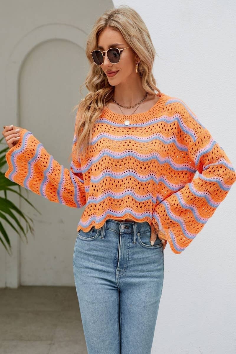 CWOSWL603 Flare Sleeved Round neck Hollowed Out Sweater