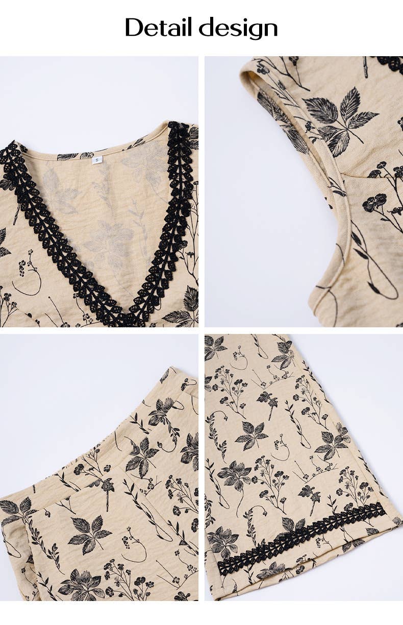 Bohemian Floral Lace Trim Vest & Pants Set