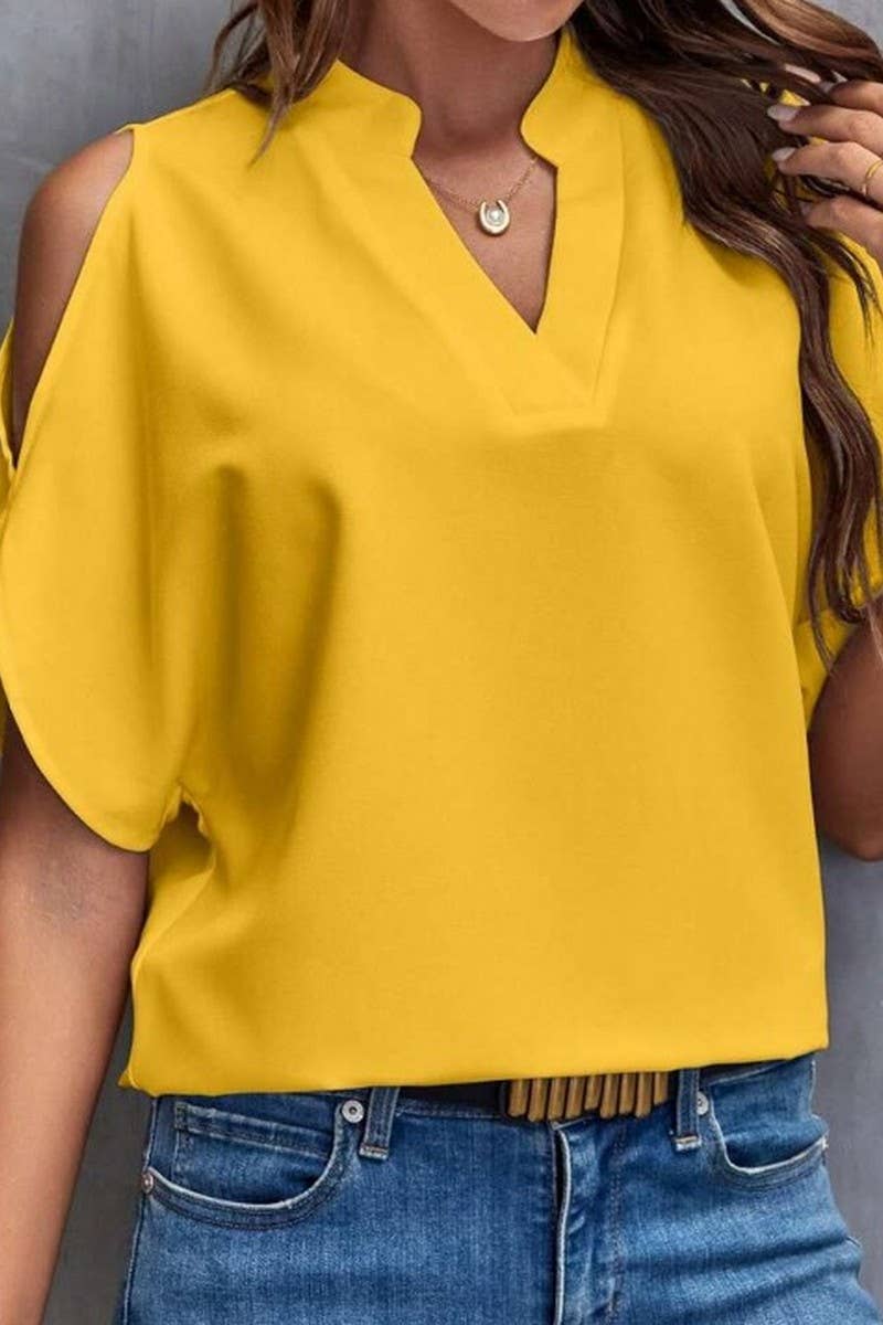 CWTBLS0609_SOLID COLOR V NECK OFF SHOULDER LOOSE CHIFFON TOP