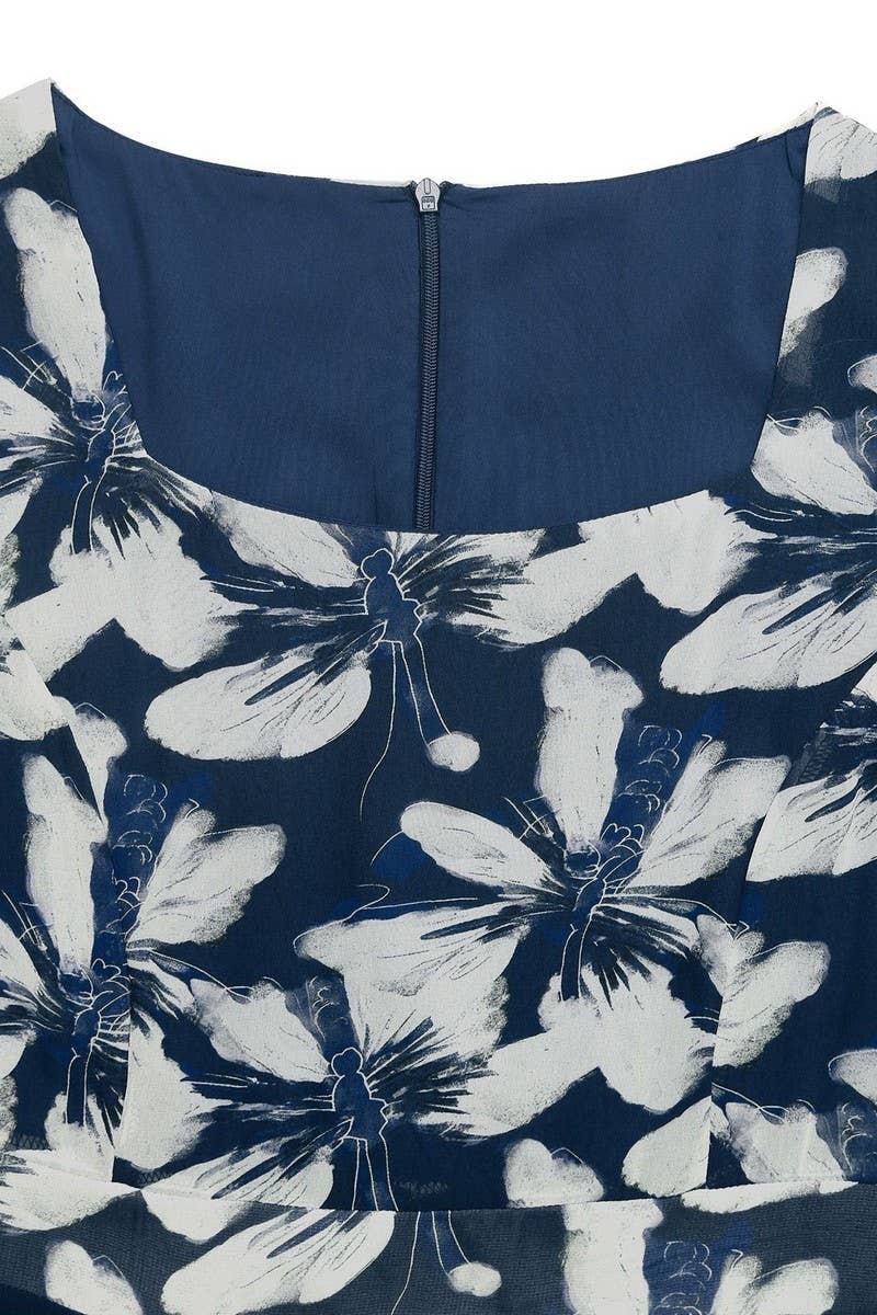 CWDMD5796_VINTAGE FLORAL SQUARE NECK WAISTED DRESS