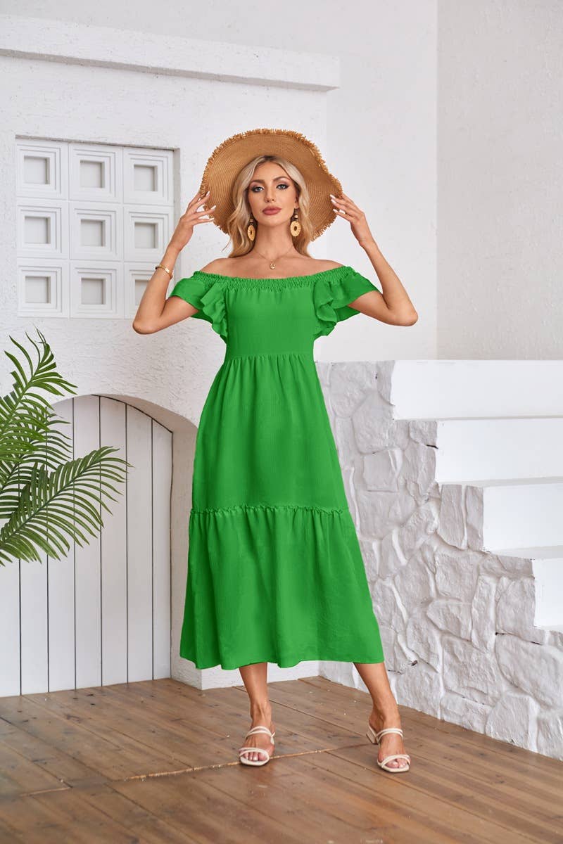 Fly-sleeve square neck off-the-shoulder dress