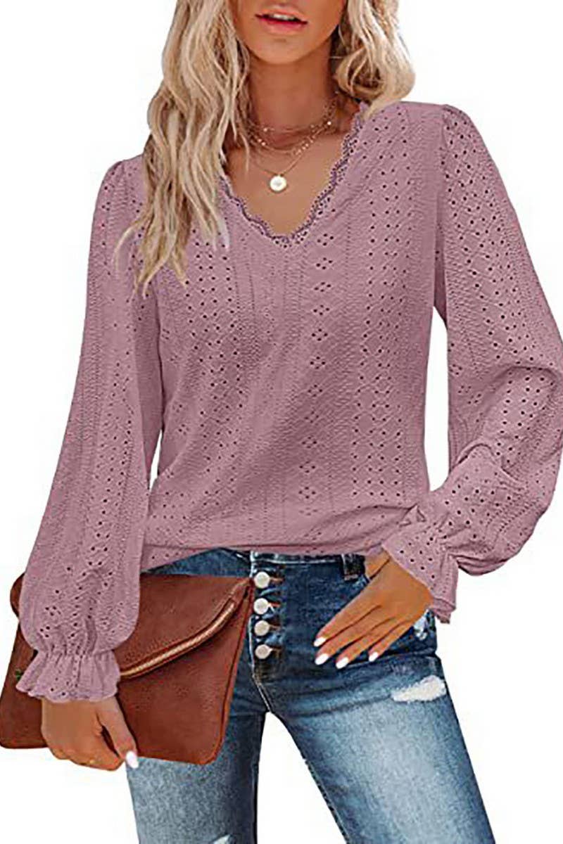CWTBLL1046_V-NECK SOLID COLOR HOLLOW CASUAL LONG-SLEEVED TOP