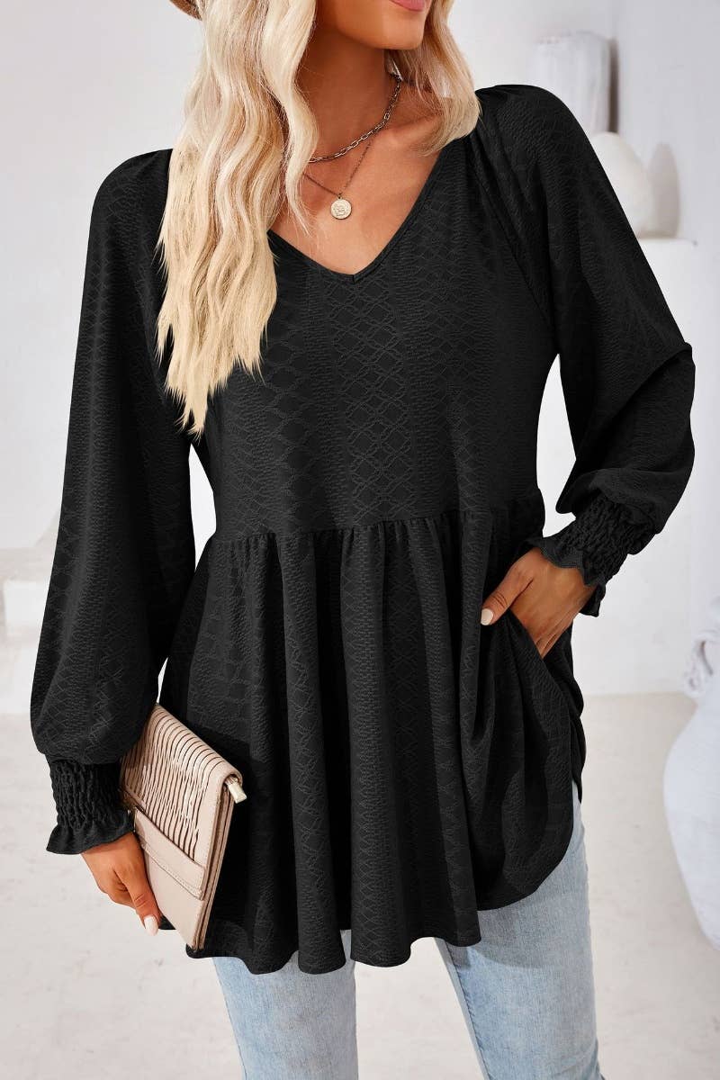 CWTBLL2817_SOLID COLOR PATCHWORK LONG-SLEEVED TUNIC