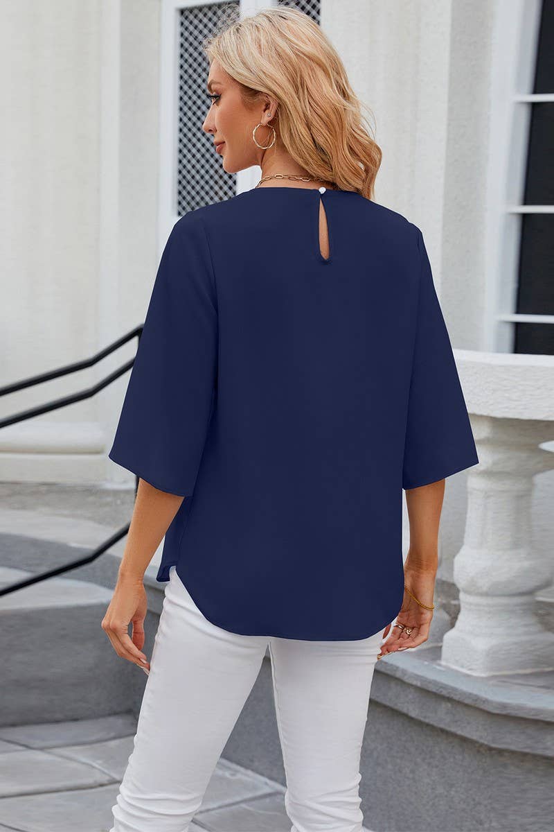 CWTBLS0434_Round Neck Short Sleeve Blouse