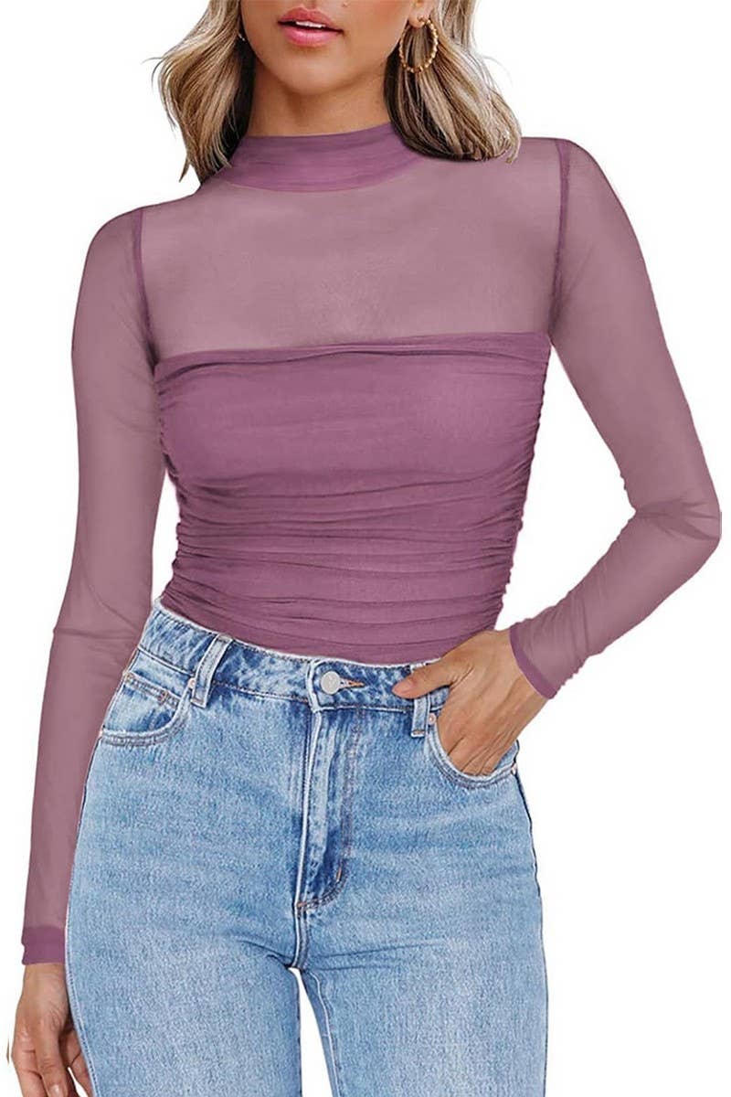 CWTBLL3695_HALF TURTLENECK SEE-THROUGH LONG SLEEVE MESH TOP