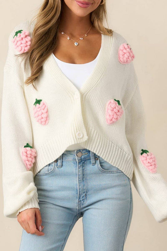 CWOCAL2353_3D STRAWBERRY PATTERN KNITTED CARDIGAN SWEATER
