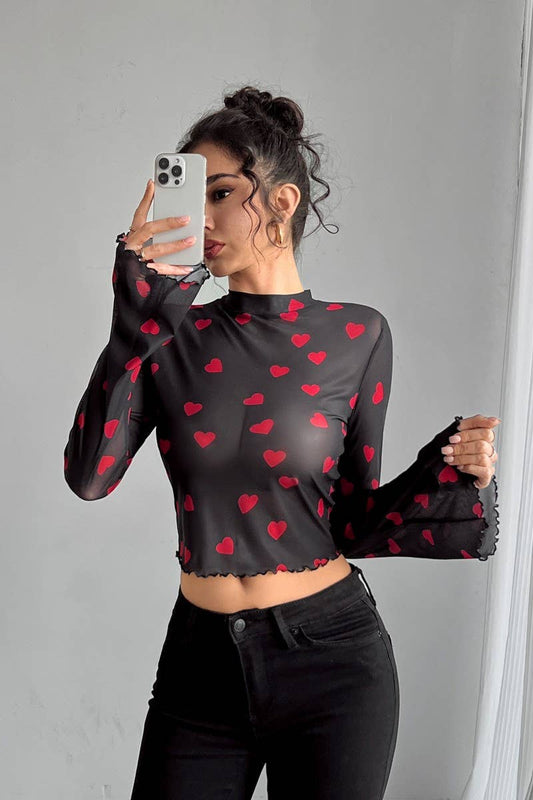 CWTBLL3925_MESH PRINT BELL SLEEVE LONG SLEEVE CREW NECK TOP