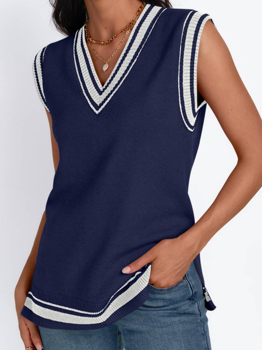 COLOR CONTRAST PREPPY V-NECK SLEEVELESS KNIT VEST