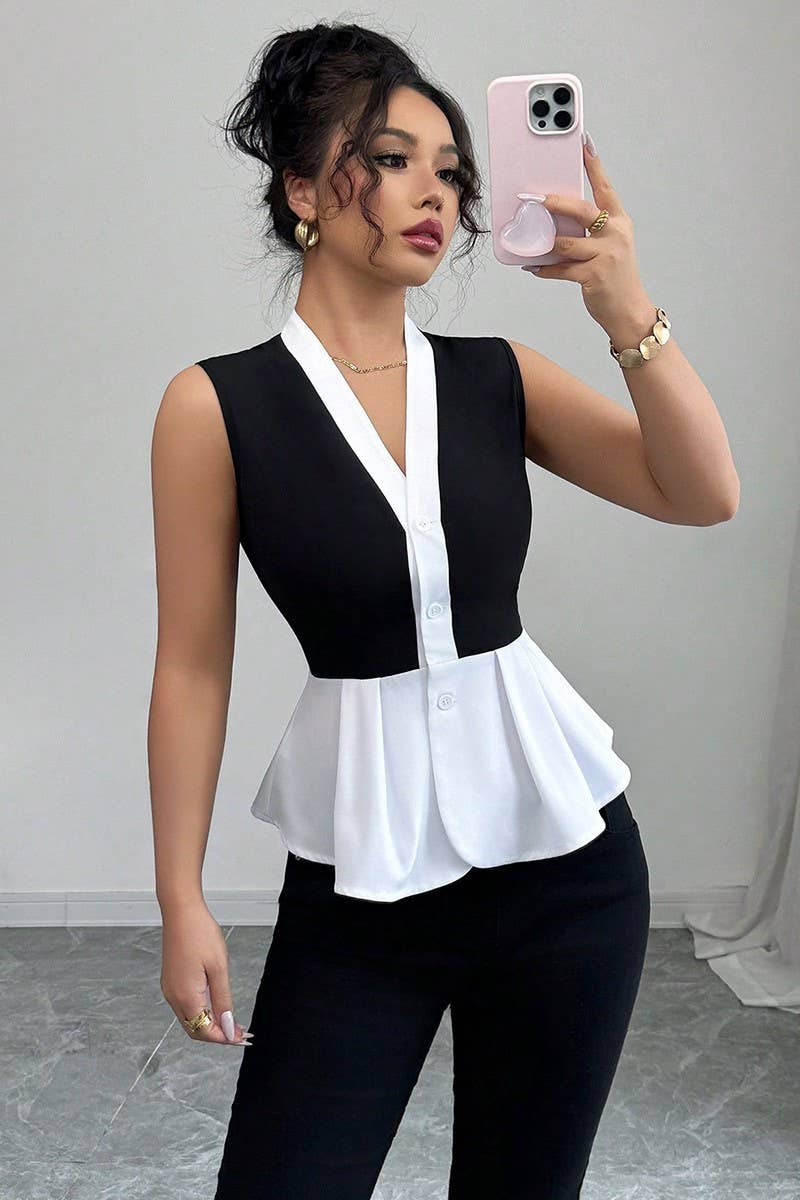 CWTTSL0476_SUMMER COMMUTER STYLE FAKE TWO-PIECE SHIRT