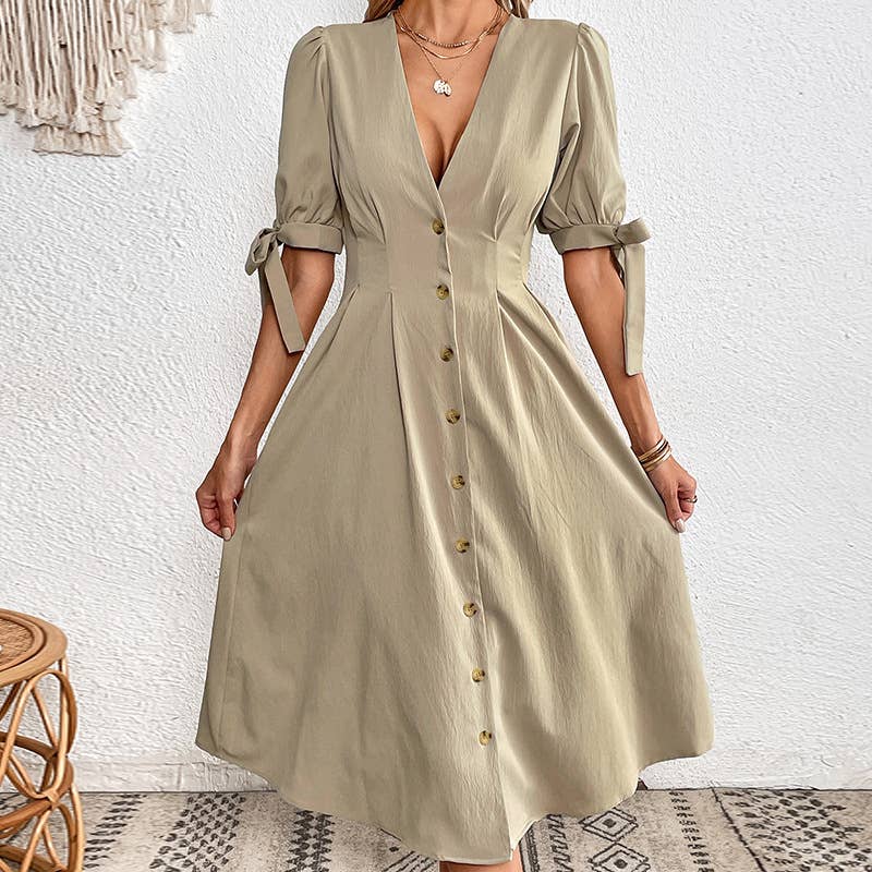 Button-up short sleeve slim V-neck dress