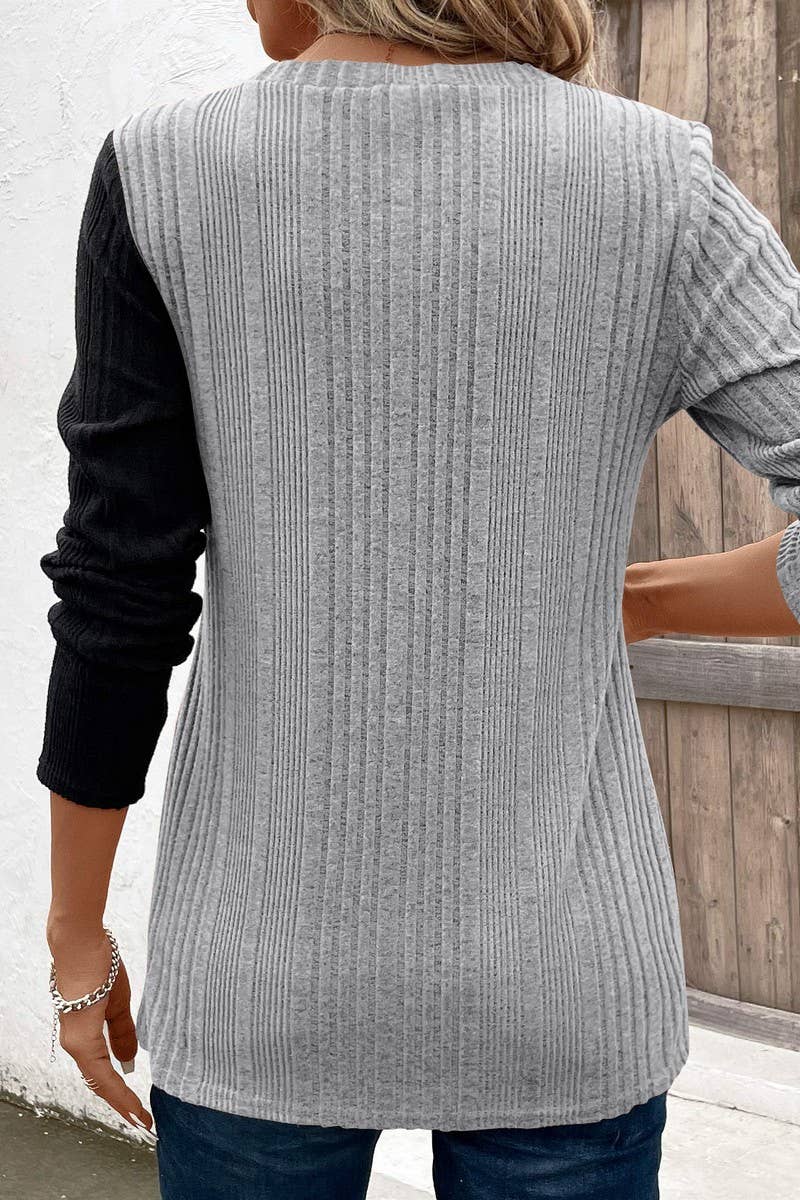 CWTBLL3195_COLORBLOCK CONTRAST BUTTON-DOWN SLIT CASUAL TOP