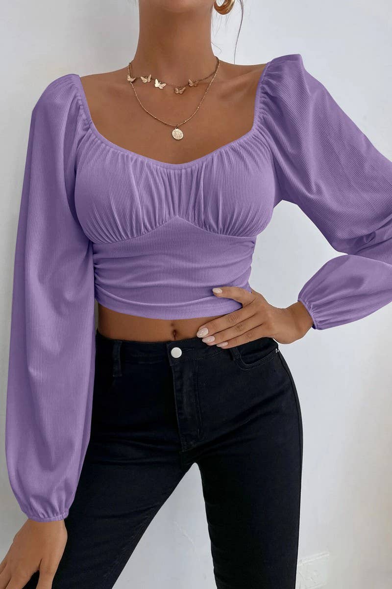 CWTBLL2226_SQUARE NECK LANTERN SLEEVES SHORT SOLID COLOR TOP