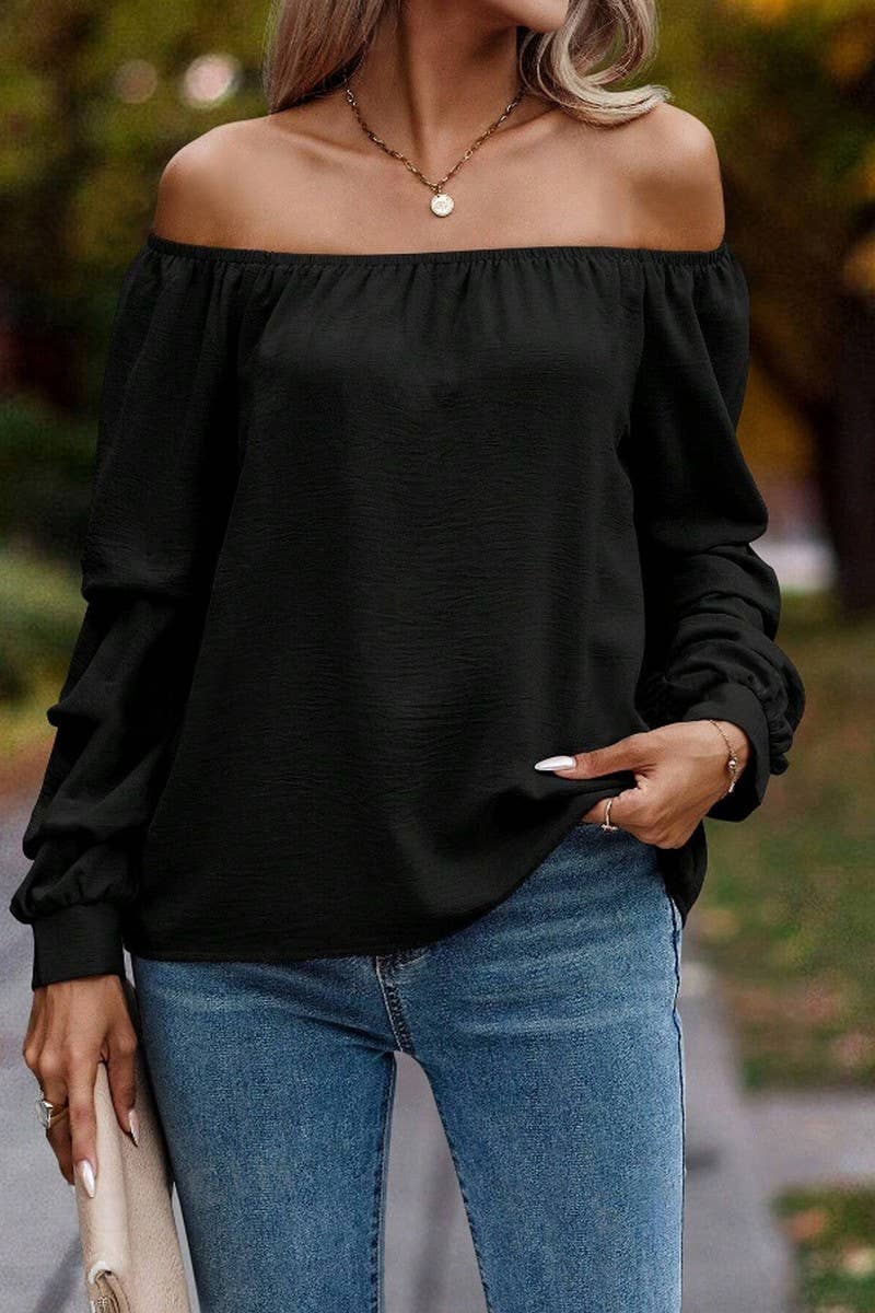 CWTBLL4006_SOLID OFF SHOULDER KNOT SLEEVE LONG SLEEVE SHIRT