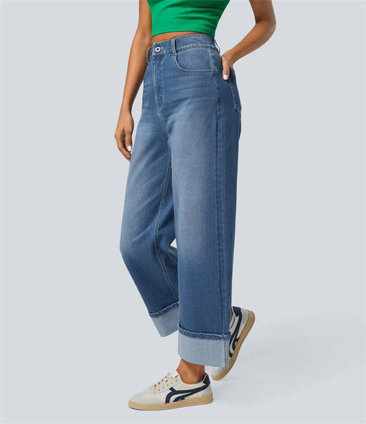 Fashion High-Waist Rolled Hem Straight-Leg Jeans