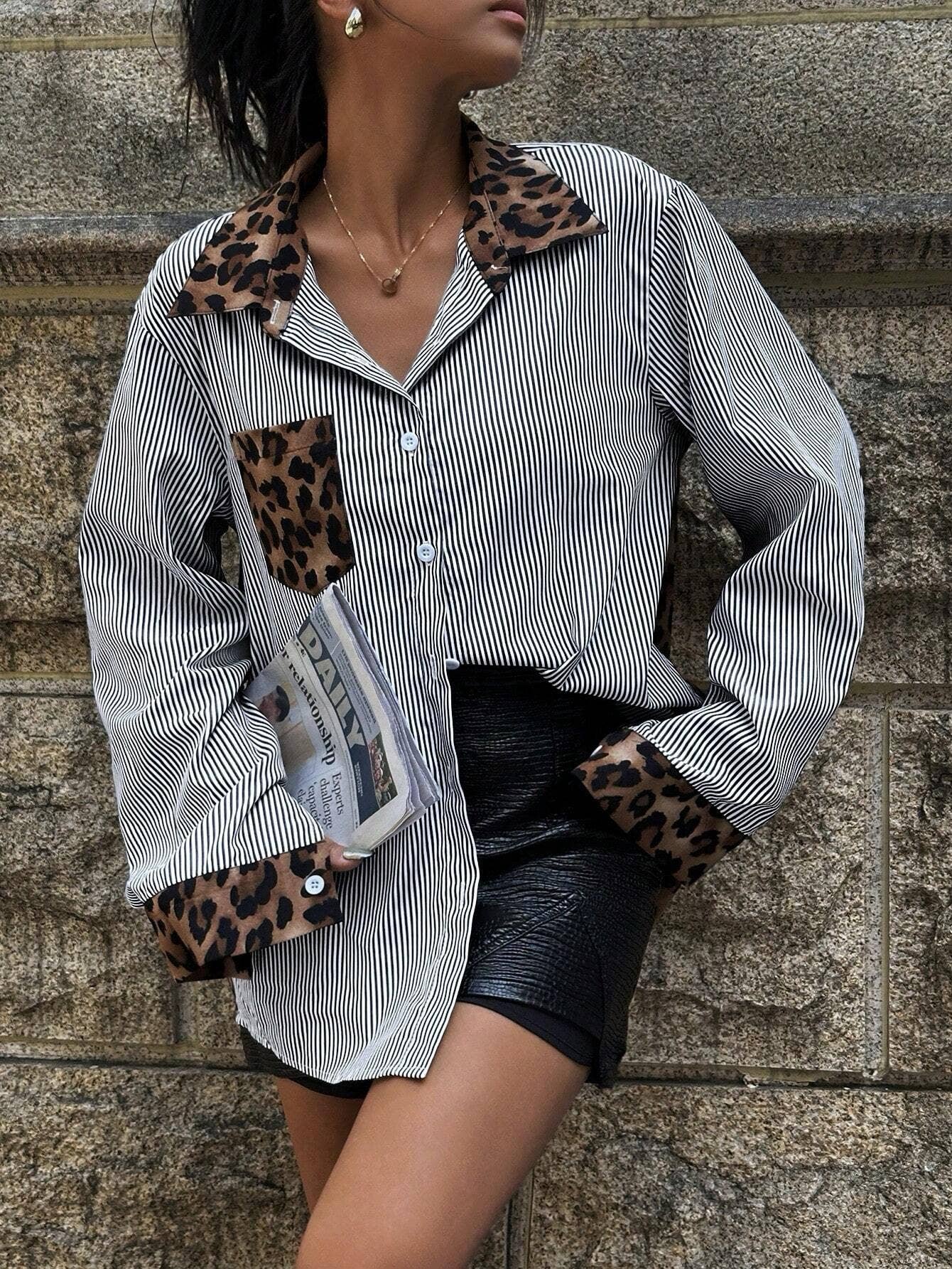 Fashionable leopard print patchwork loose shirt