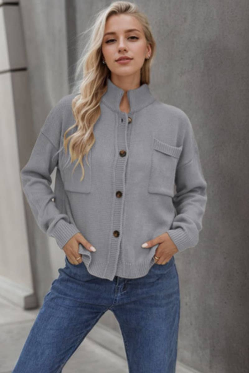 CWOCAL2213_HIGH-NECK POCKET BUTTON LONG-SLEEVED CARDIGAN