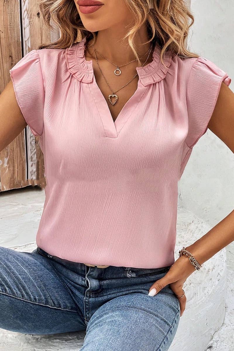 CWTBLSL0247_V-NECK RUFFLED SLEEVELESS TOP FOR WOMEN