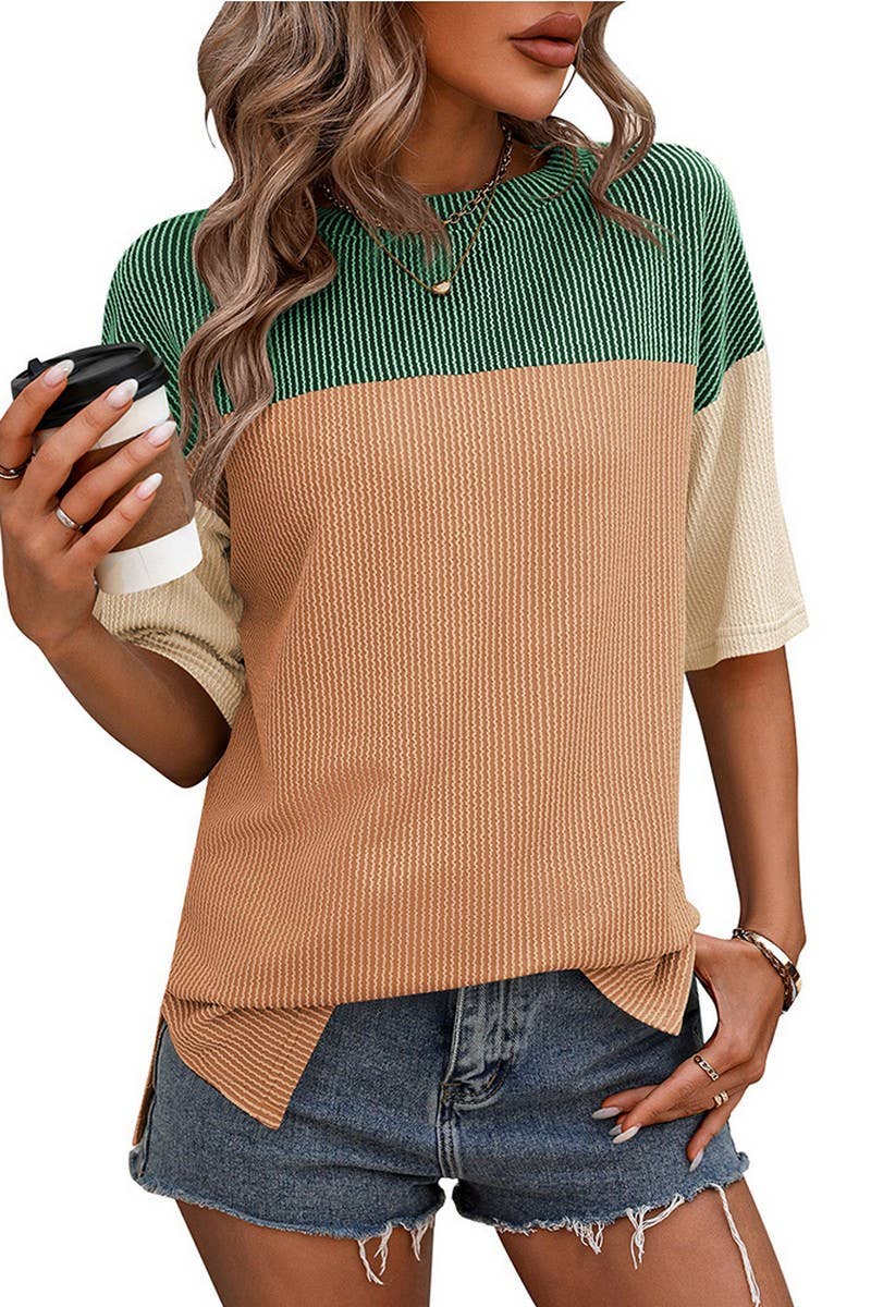 CWTTS1317_SUMMER ROUND NECK COLOR BLOCK LOOSE T-SHIRT