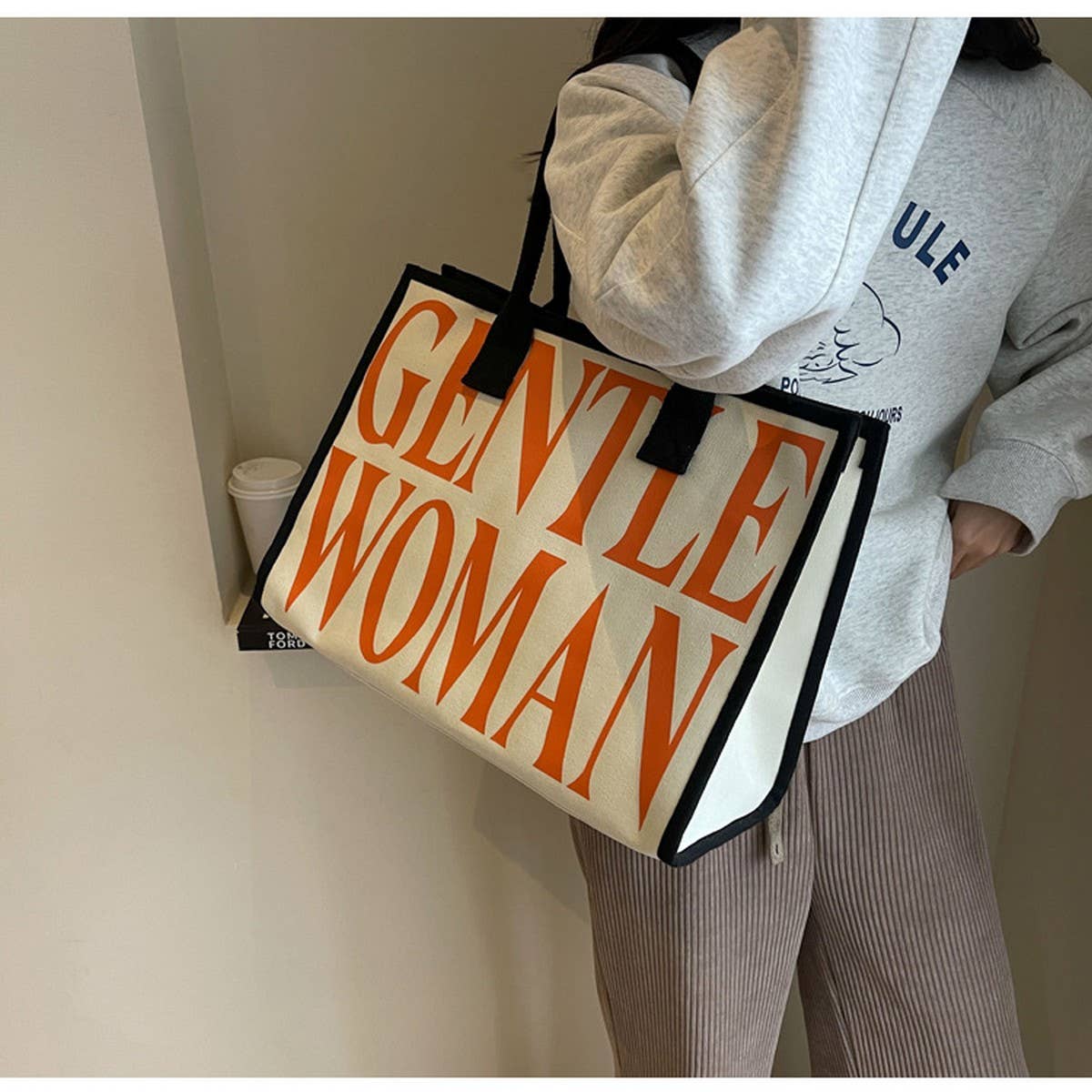 VINTAGE LETTER PRINT TOTE CANVAS BAG_CWAB2681