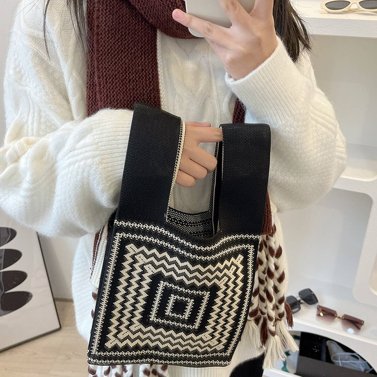 CUAB00621_TEXTURED KNIT TOTE BAG WOMEN¡¯S STRIPED HANDBAG