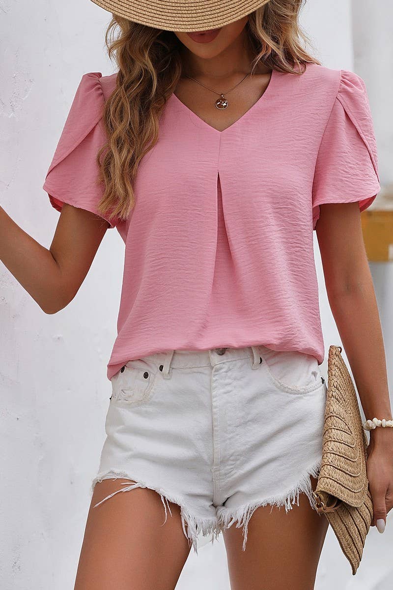 CWTBLS0317_V Neck Ruffle Short Sleeve Blouse
