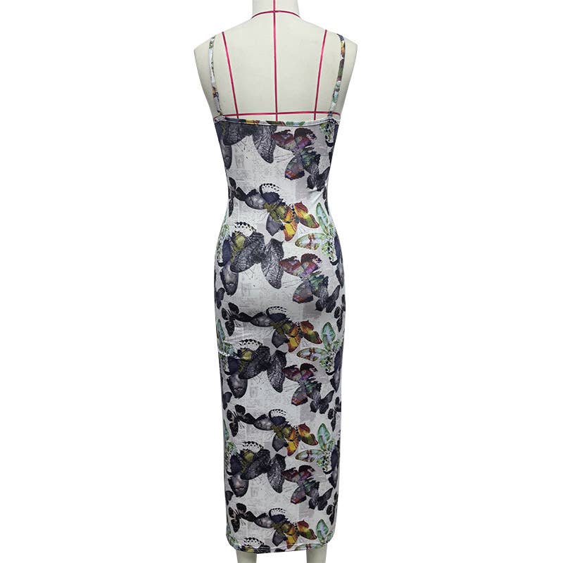BUTTERFLY PRINT SEXY SLIM-FIT HALTER DRESS
