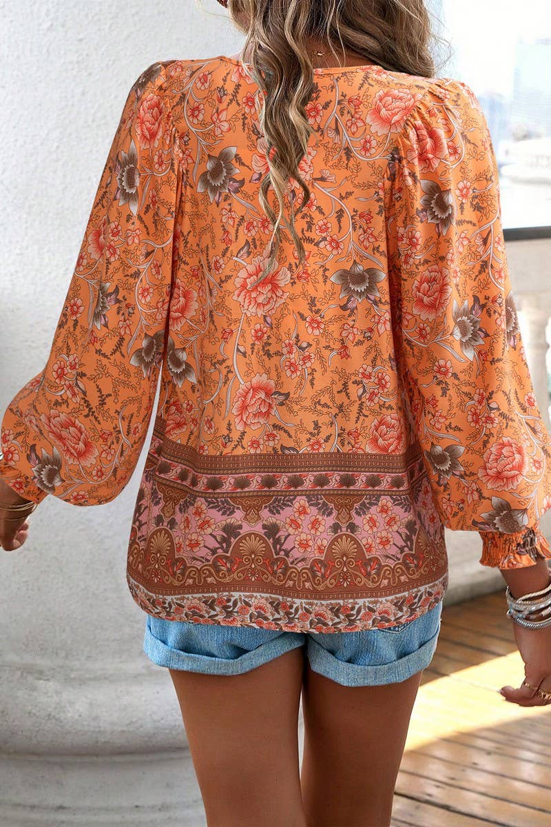 CWTBLL3942_BOHO V-NECK TIE FRONT PRINTED LONG SLEEVE BLOUSE