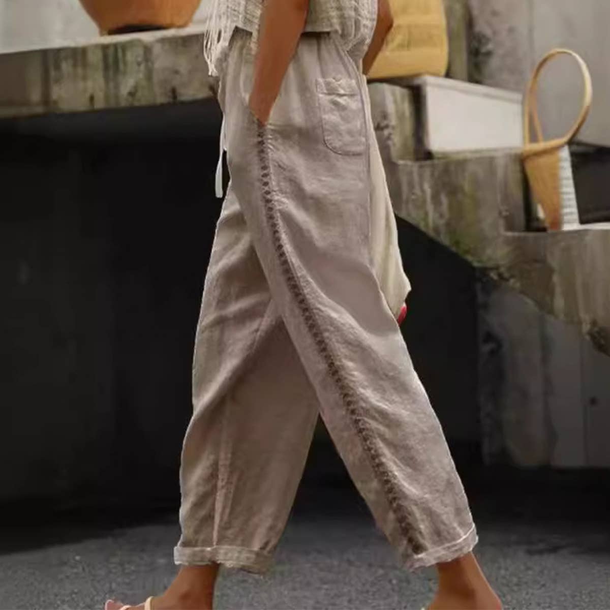 CASUAL LACE CUTOUT PATCHWORK NINER PANTS